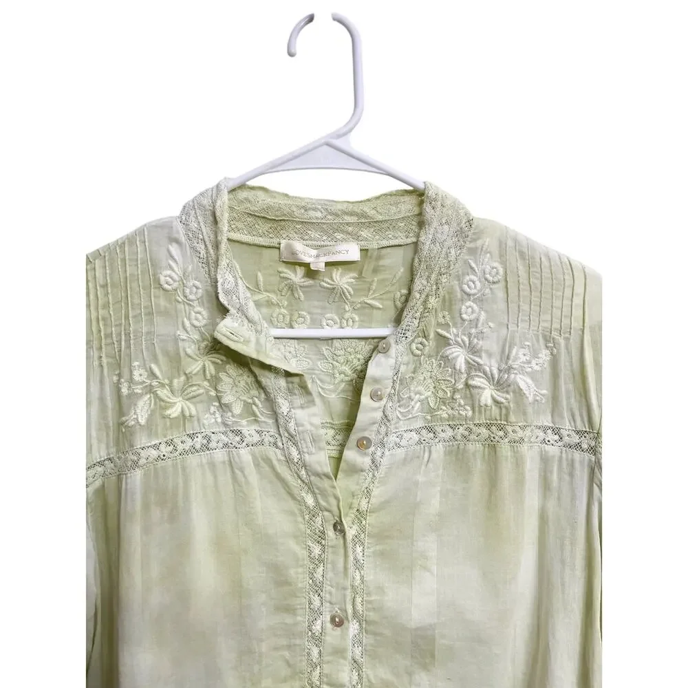 LoveShackFancy Ronda Embroidered Long Sleeve Blouse Floral Green Tie‎ Dye Size L